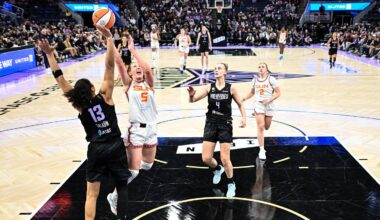May 10, 2026; San Francisco, California, USA; Golden State Valkyries forward Janelle Salaun (13) reacts after scoring against the Phoenix Mercury during the second quarter at Chase Center. Mandatory Credit: Darren Yamashita-Imagn Images