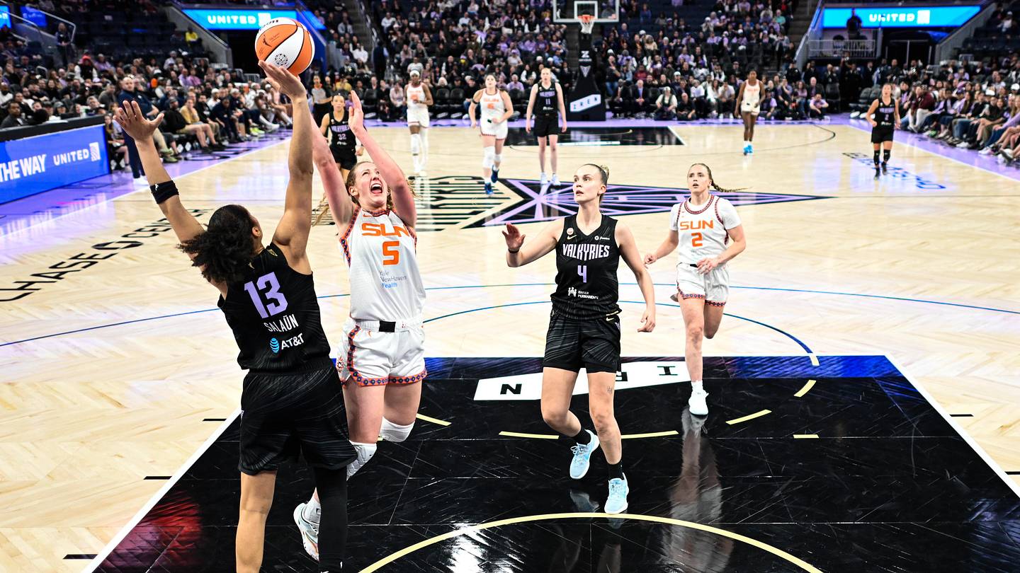 May 10, 2026; San Francisco, California, USA; Golden State Valkyries forward Janelle Salaun (13) reacts after scoring against the Phoenix Mercury during the second quarter at Chase Center. Mandatory Credit: Darren Yamashita-Imagn Images