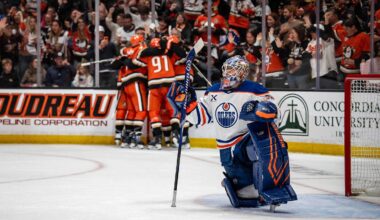Apr 26, 2026; Anaheim, California, USA; Anaheim Ducks celebrate a goal while Edmonton Oilers goaltender Tristan Jarry (35) looks at the replay during the second period in game four of the first round of the 2026 Stanley Cup Playoffs at Honda Center. Mandatory Credit: Corinne Votaw-Imagn Images