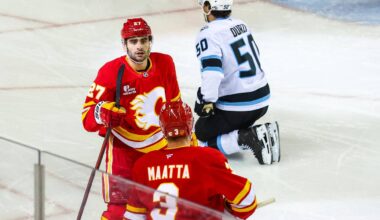Apr 12, 2026; Calgary, Alberta, CAN; Calgary Flames right wing Matt Coronato (27) celebrates his goal with teammates against the Utah Mammoth during the first period at Scotiabank Saddledome. Mandatory Credit: Sergei Belski-USA TODAY Sports