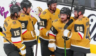 Apr 13, 2026; Las Vegas, Nevada, USA; Vegas Golden Knights defenseman Rasmus Andersson (4) celebrates with team mates after scoring a goal against the Winnipeg Jets during the third period at T-Mobile Arena. Mandatory Credit: Stephen R. Sylvanie-Imagn Images