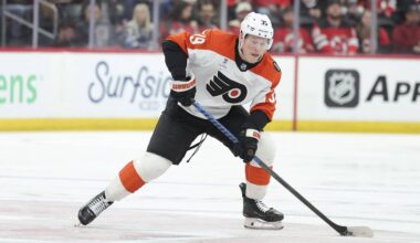 Apr 7, 2026; Newark, New Jersey, USA; Philadelphia Flyers right wing Matvei Michkov (39) skates with the puck against the New Jersey Devils during the first period at Prudential Center. Mandatory Credit: Luther Schlaifer-Imagn Images
