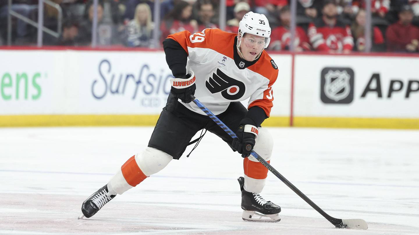 Apr 7, 2026; Newark, New Jersey, USA; Philadelphia Flyers right wing Matvei Michkov (39) skates with the puck against the New Jersey Devils during the first period at Prudential Center. Mandatory Credit: Luther Schlaifer-Imagn Images