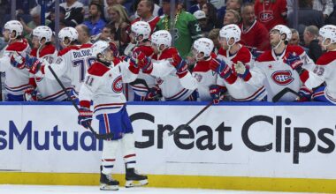 Apr 29, 2026; Tampa, Florida, USA; Montreal Canadiens right wing Brendan Gallagher (11) reacts after scoring a goal against the Tampa Bay Lightning in the first period during game five of the first round of the 2026 Stanley Cup Playoffs at Benchmark International Arena. Mandatory Credit: Nathan Ray Seebeck-Imagn Images