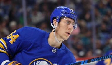 Mar 10, 2026; Buffalo, New York, USA;  Buffalo Sabres defenseman Logan Stanley (64) before the start of the third period against the San Jose Sharks at KeyBank Center. Mandatory Credit: Timothy T. Ludwig-Imagn Images