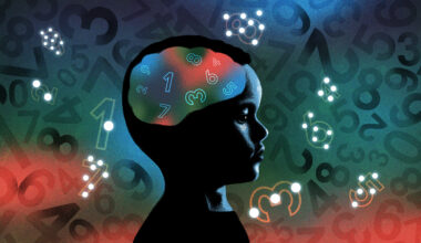 Illustration of a child with a brain full of math numbers and surrounded by numbers. Some of the numbers are highlighted with a quantity of dots that correspond to that number.
