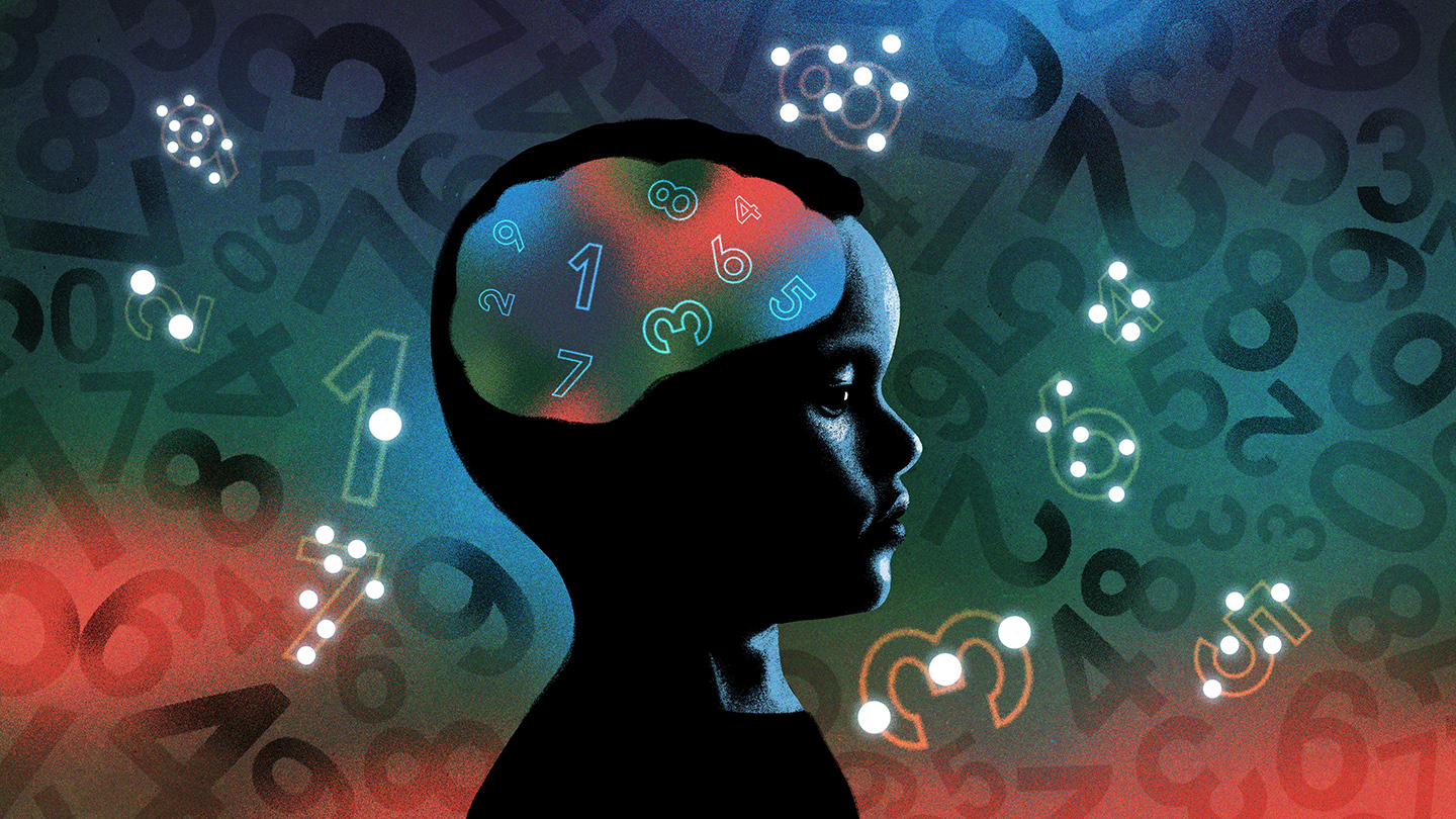 Illustration of a child with a brain full of math numbers and surrounded by numbers. Some of the numbers are highlighted with a quantity of dots that correspond to that number.