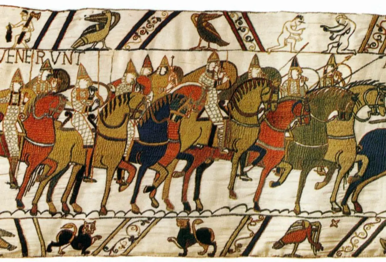 Tapestry depicting horsemen, possibly from the Bayeux Tapestry.