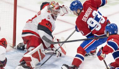 Montreal Canadiens' Ivan Demidov has his shot stopped by Carolina Hurricanes' Frederik Andersen in the crease