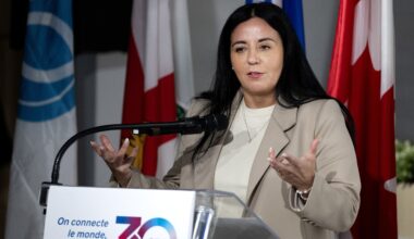 Montreal Mayor Soraya Martinez Ferrada gestures while speaking at a lectern.