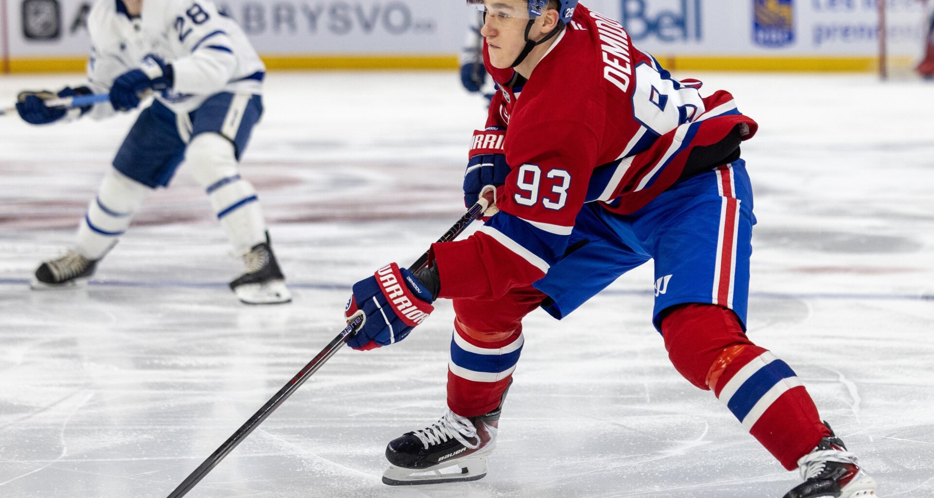 Canadiens winger Ivan Demidov carries puck into the Toronto Maple Leafs' zone during third period in Montreal on March 10.