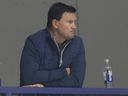 Shane Doan, Toronto Maple Leafs advisor to the GM, watches a drill during developmental camp in 2023.
