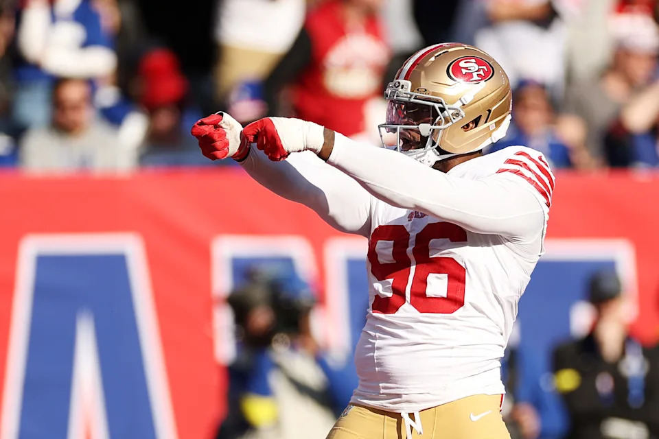 EAST RUTHERFORD, NEW JERSEY - NOVEMBER 02: Clelin Ferrell #96 of the San Francisco 49ers reacts after a sack against the New York Giants during the first half in the game at MetLife Stadium on November 02, 2025 in East Rutherford, New Jersey. (Photo by Sarah Stier/Getty Images)