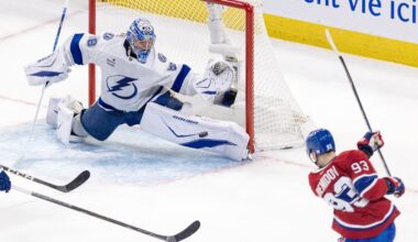 Lightning goalie Andrei Vasilevskiy slides to his left across his crease to make a nice pad save on Canadiens