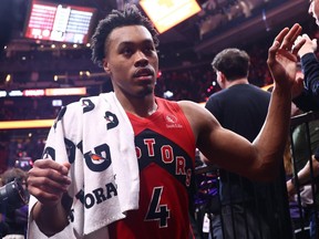 Scottie Barnes of the Toronto Raptors celebrates