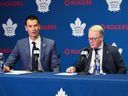 MLSE president and CEO Keith Pelley (right) speaks at a press conference introducing new GM John Chayka. 