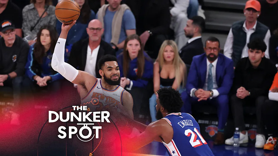 Karl-Anthony Towns of the New York Knicks works against Joel Embiid of the Philadelphia 76ers during the first quarter in Game One of the Second Round of the NBA Eastern Conference Playoffs at Madison Square Garden on May 04, 2026 in New York City. (Photo by Al Bello/Getty Images)