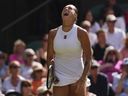 Aryna Sabalenka of Belarus shouts during the women's singles semifinal match against Amanda Anisimova at Wimbledon Tennis Championships in 2025.
