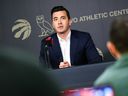 Toronto Raptors general manager Bobby Webster speaks to media during an end-of-season press conference.