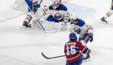 Montreal Canadiens' Alex Newhook shoots the puck past Buffalo Sabres goalie Alex Lyon and defenceman Bowen Byram.