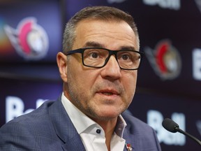 Steve Staios, president of hockey operations and general manager for the Ottawa Senators, speaks to the media.
