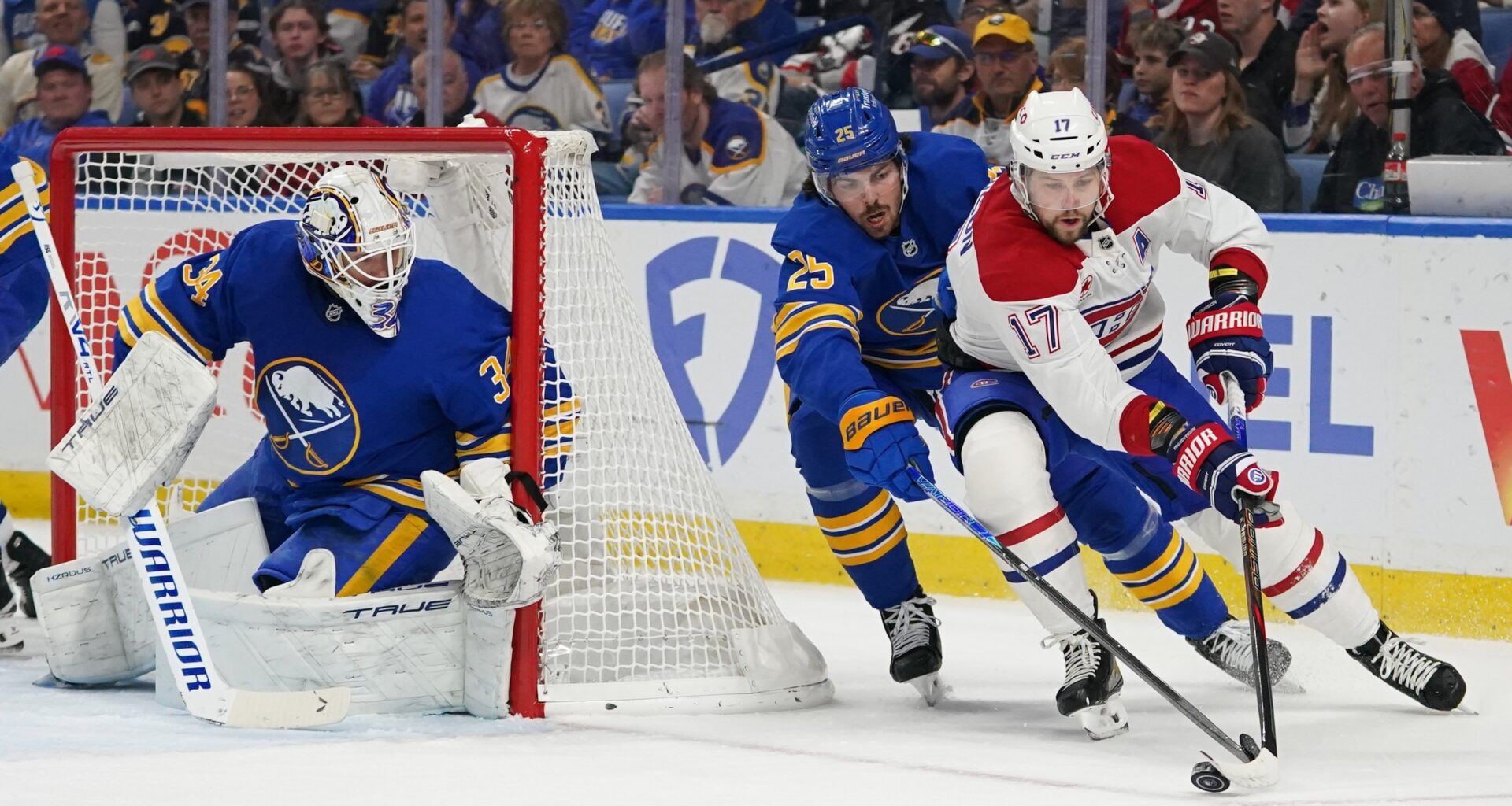 Hockey goaltender watches the play come from behind the net.
