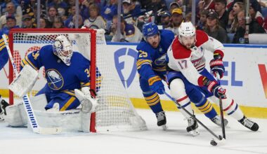 Hockey goaltender watches the play come from behind the net.