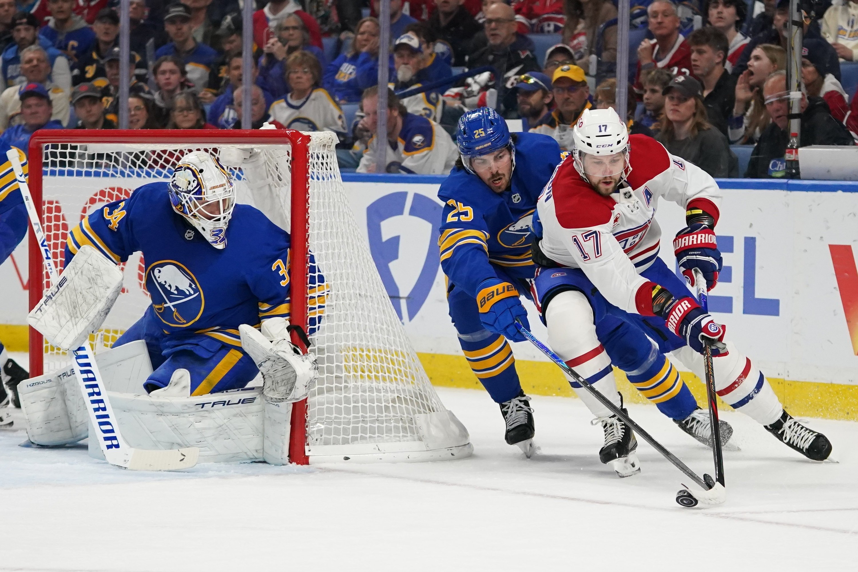 Hockey goaltender watches the play come from behind the net.