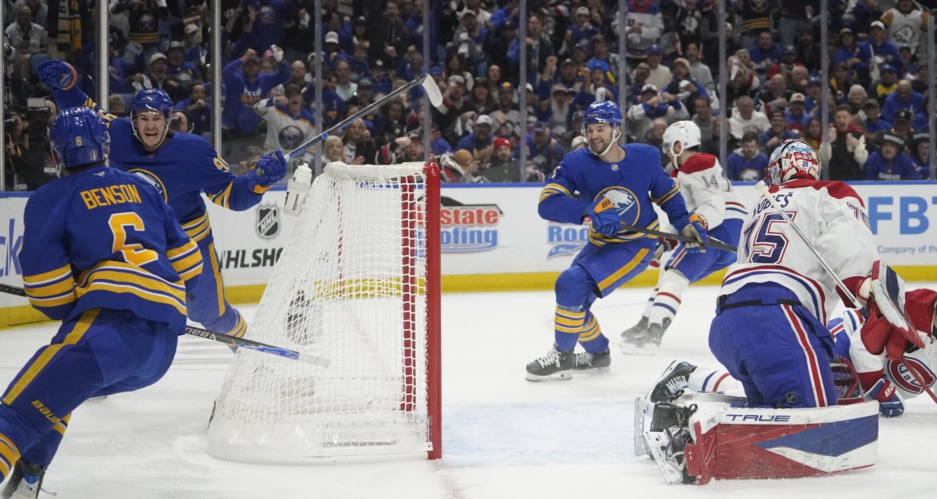 Buffalo Sabres right winger Josh Doan (91) celebrates his goal against the Montreal Canadiens