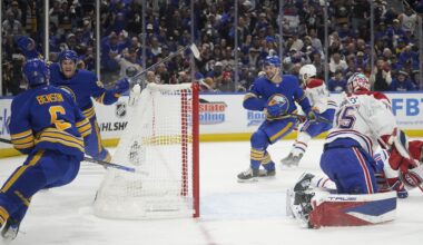 Buffalo Sabres right winger Josh Doan (91) celebrates his goal against the Montreal Canadiens