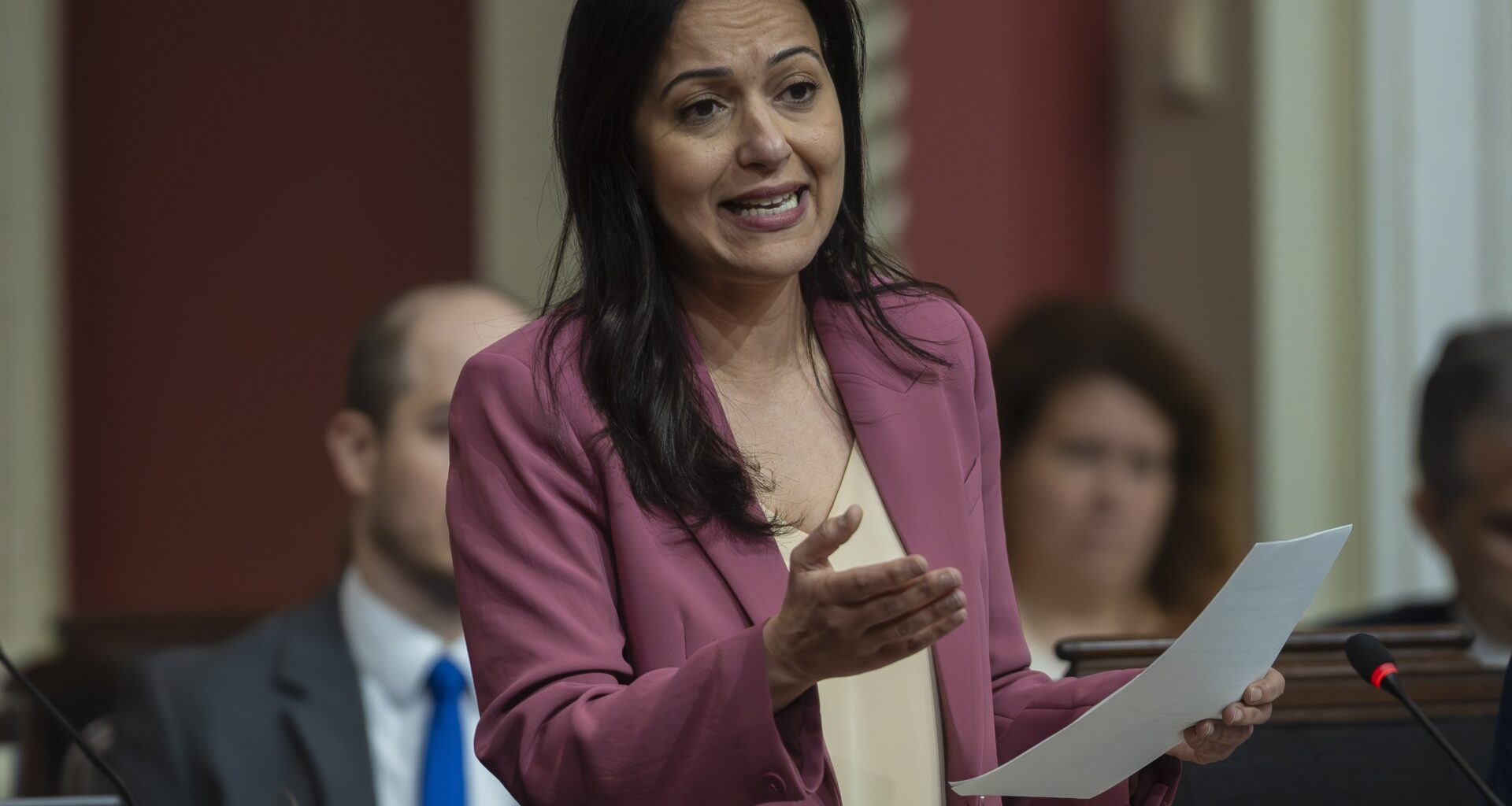 Québec solidaire co-spokesperson Ruba Ghazal gestures with one hand as she holds a piece of paper in the other while speaking in the National Assembly.