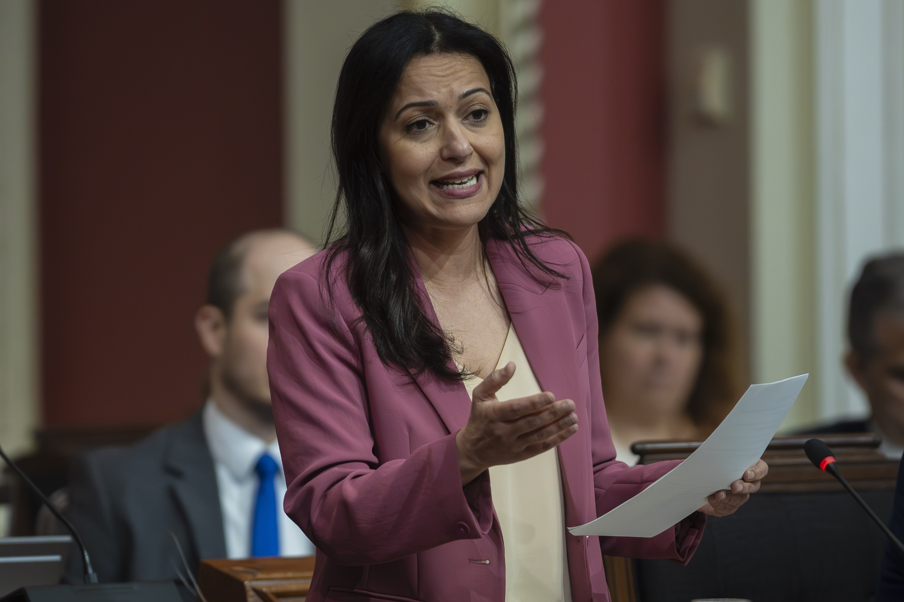 Québec solidaire co-spokesperson Ruba Ghazal gestures with one hand as she holds a piece of paper in the other while speaking in the National Assembly.