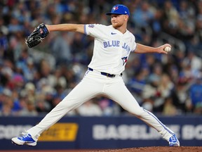 Toronto Blue Jays pitcher Eric Lauer throws against the Los Angeles Angels during Sunday's game.