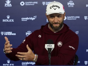 Jon Rahm speaks to the media during a practice round prior to the PGA Championship at Aronimink Golf Club.