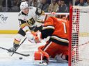 Mitch Marner of the Vegas Golden Knights attempts to shoot the puck against Lukas Dostal of the Anaheim Ducks during Game 4 of their playoff series.