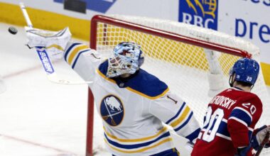 Canadiens left wing Juraj Slafkovsky (20) watches Buffalo Sabres goaltender Ukko-Pekka Luukkonen (1) deflect the puck