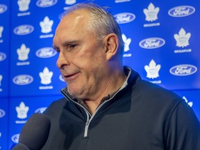 Toronto Maple Leafs head coach Craig Berube talks to reporters during the end of season media availability last month.