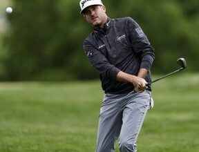 Taylor Pendrith of Canada plays a shot on the 18th hole during the second round of the PGA Championship at Aronimink Golf Club on May 15, 2026 in Newtown, Pa.