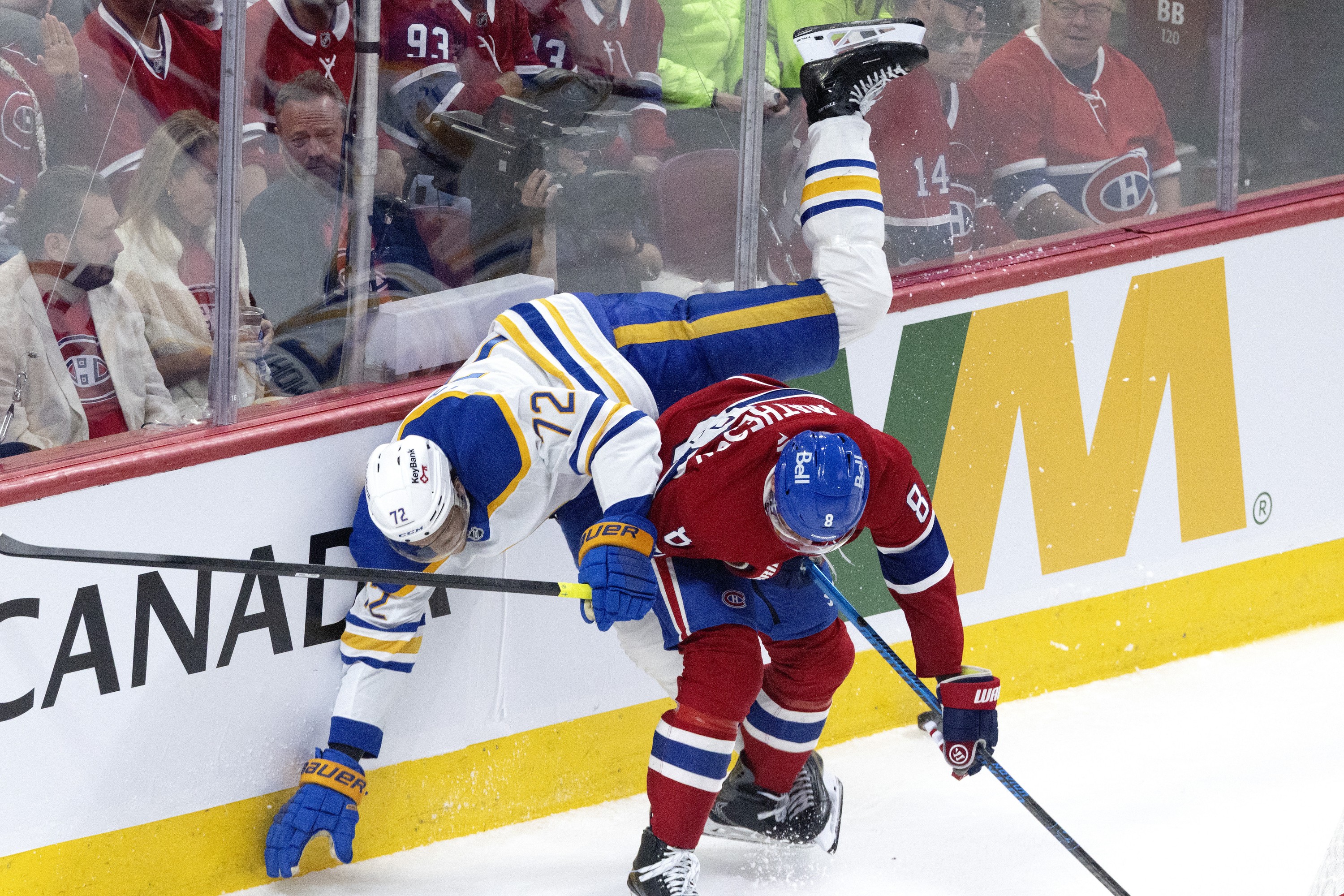 Canadiens defenceman Mike Matheson (8) sends Buffalo Sabres' Tage Thompson (72) in in Game 6.