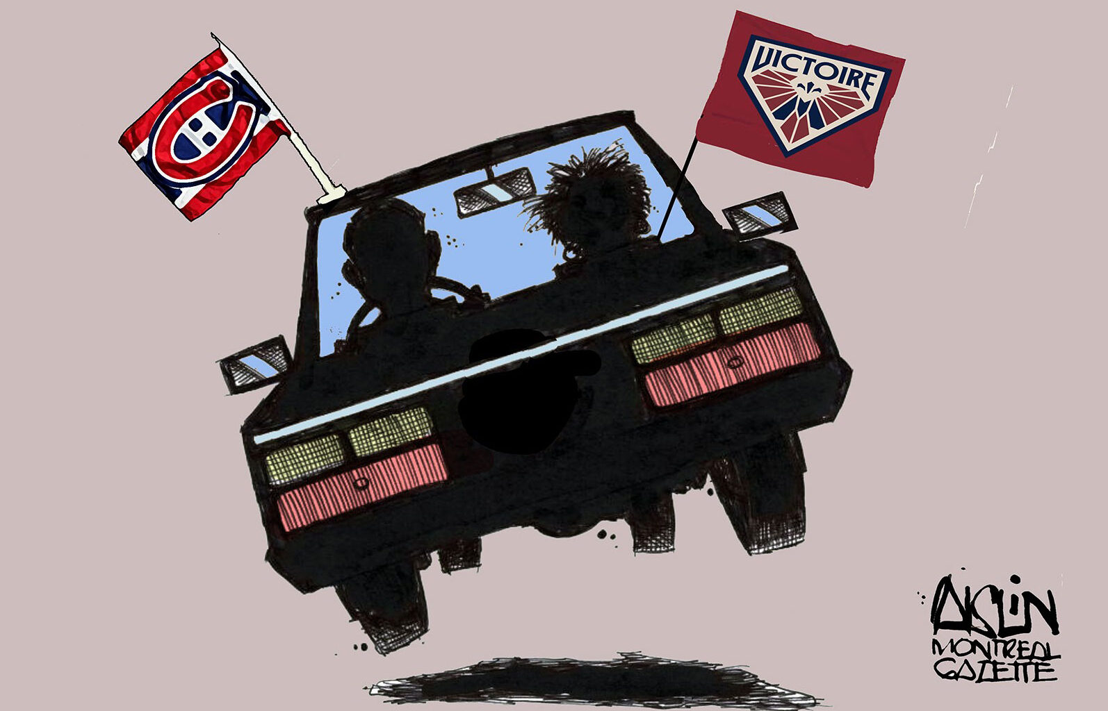 An editorial cartoon shows a car from behind, driving at a tilt, with Montreal Canadiens and Montreal Victoire flags on it.