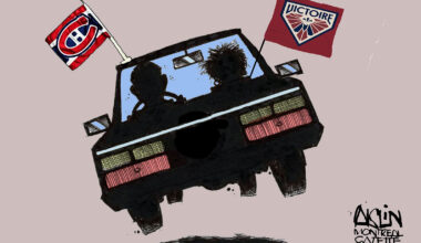 An editorial cartoon shows a car from behind, driving at a tilt, with Montreal Canadiens and Montreal Victoire flags on it.
