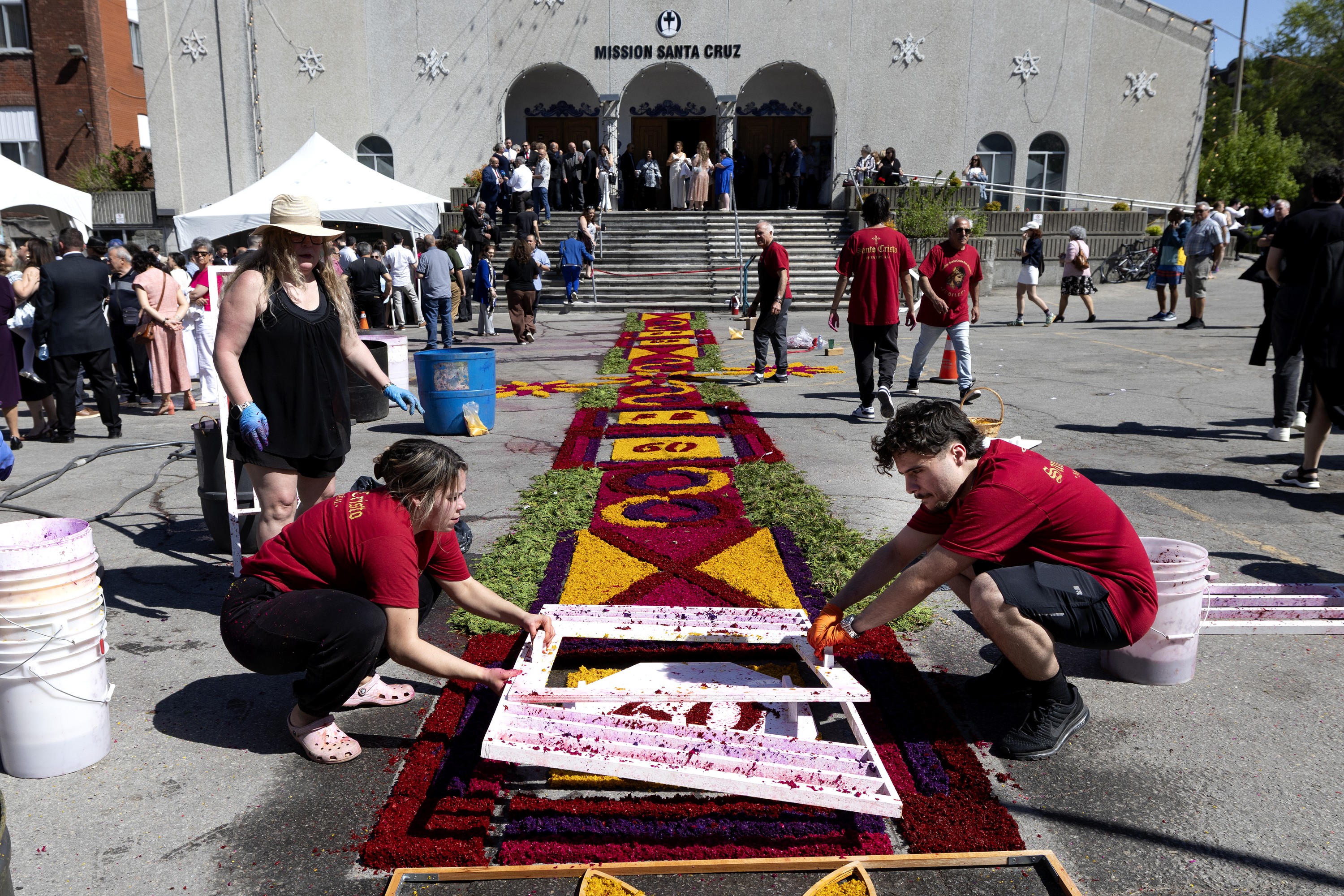 Volunteers prepare a red carpet for a Portuguese Catholic procession, outside a church.