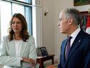 Prime Minister Mark Carney (right) meets with Alberta Premier Danielle Smith in his office in Ottawa on May 8.
