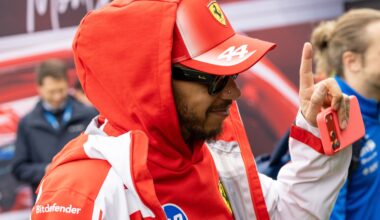 Ferrari driver Lewis Hamilton arrives before the start of the Canadian Grand Prix.