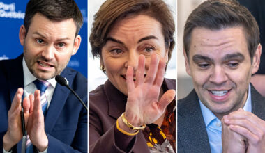 A collage of PQ Leaders Paul St-Pierre Plamondon, CAQ Leader Christine Fréchette and Quebec Liberal Party Leader Charles Milliard.