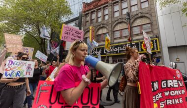 Sex workers and their supporters marched along St-Laurent Blvd. on Saturday as part of a strike during the Formula 1 weekend in Montreal.