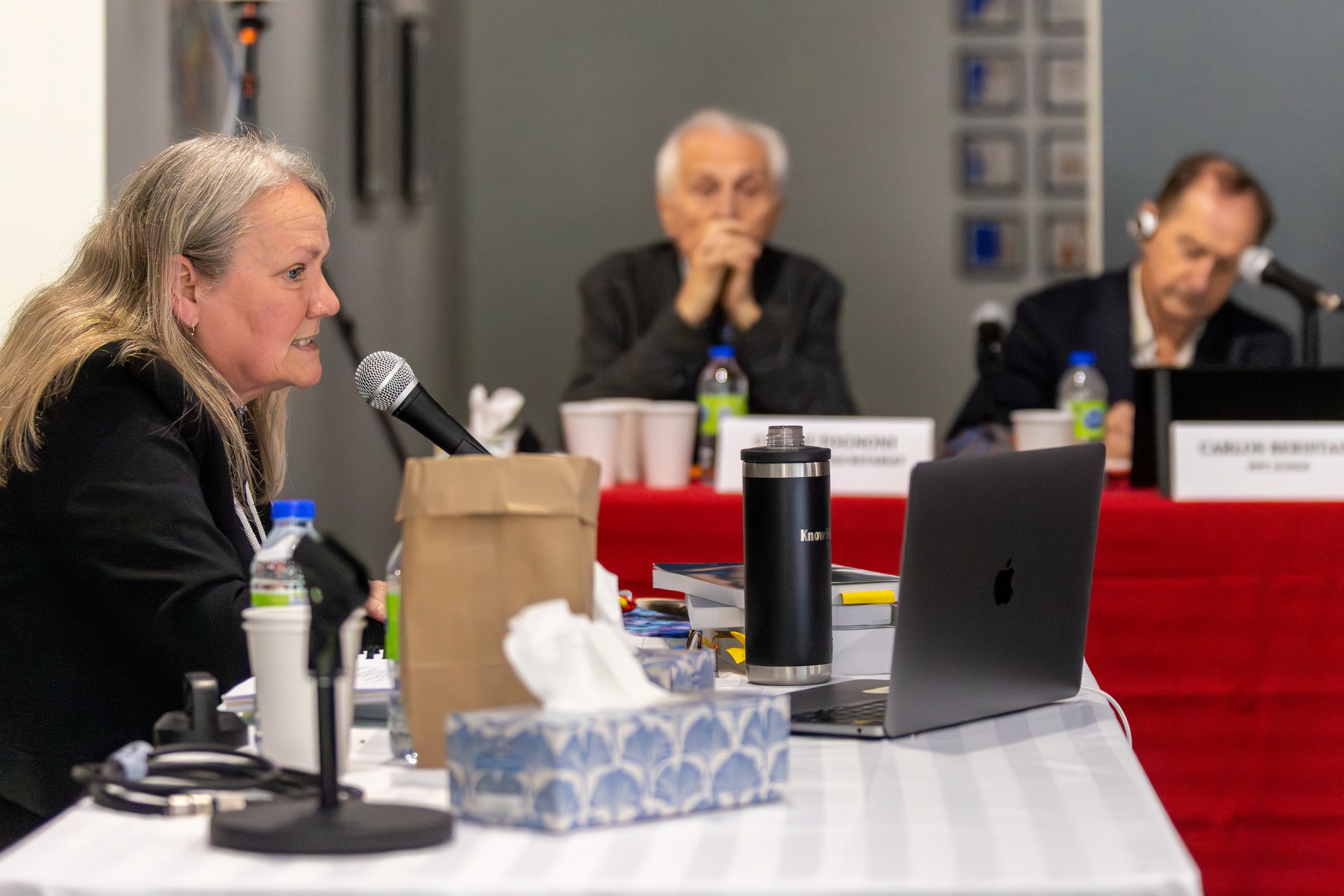 Woman sits at table testifying before a tribunal.