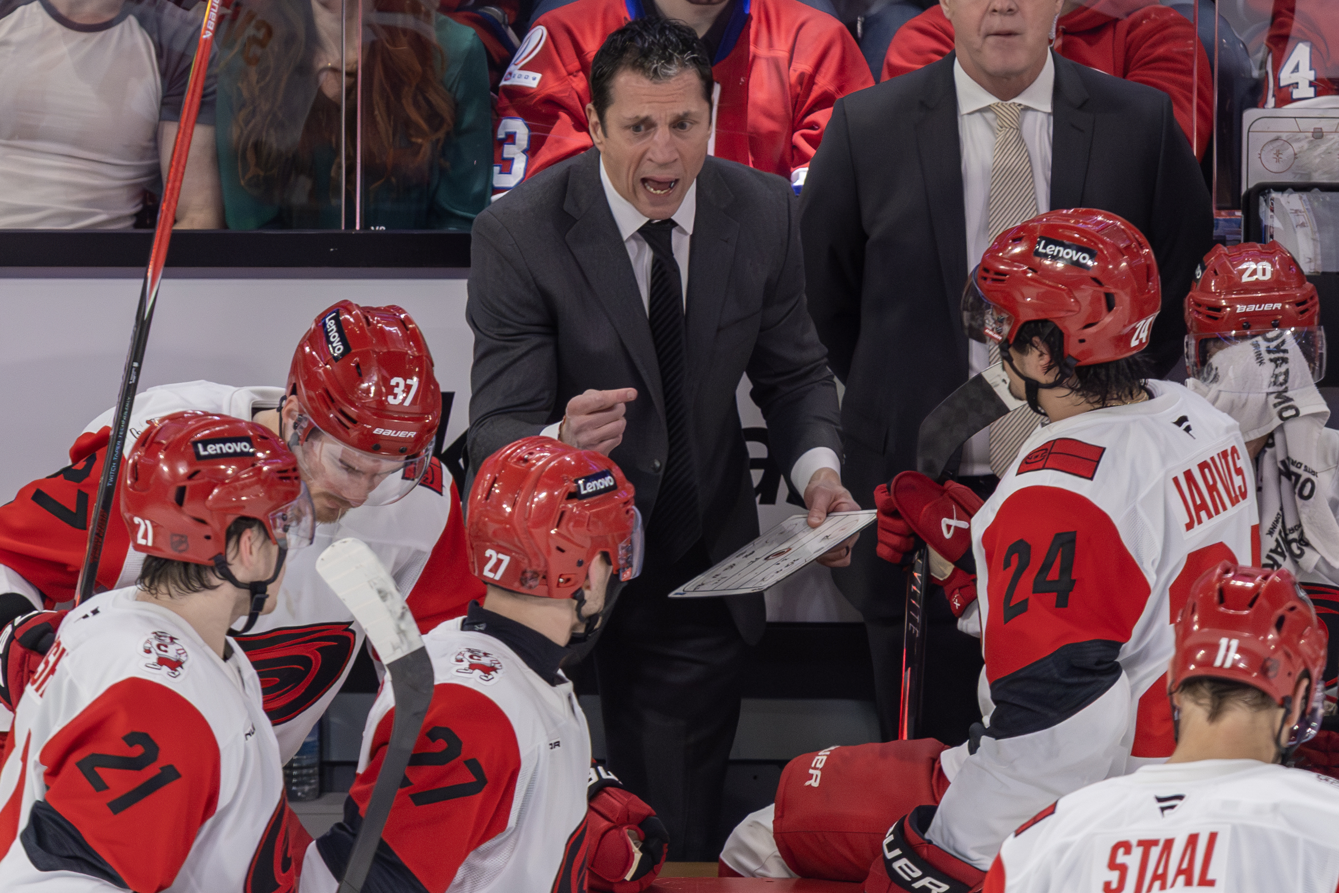 Carolina Hurricanes head coach Rod Brind'Amour speaks to his players during third period against the Canadiens in Montreal on March 24.