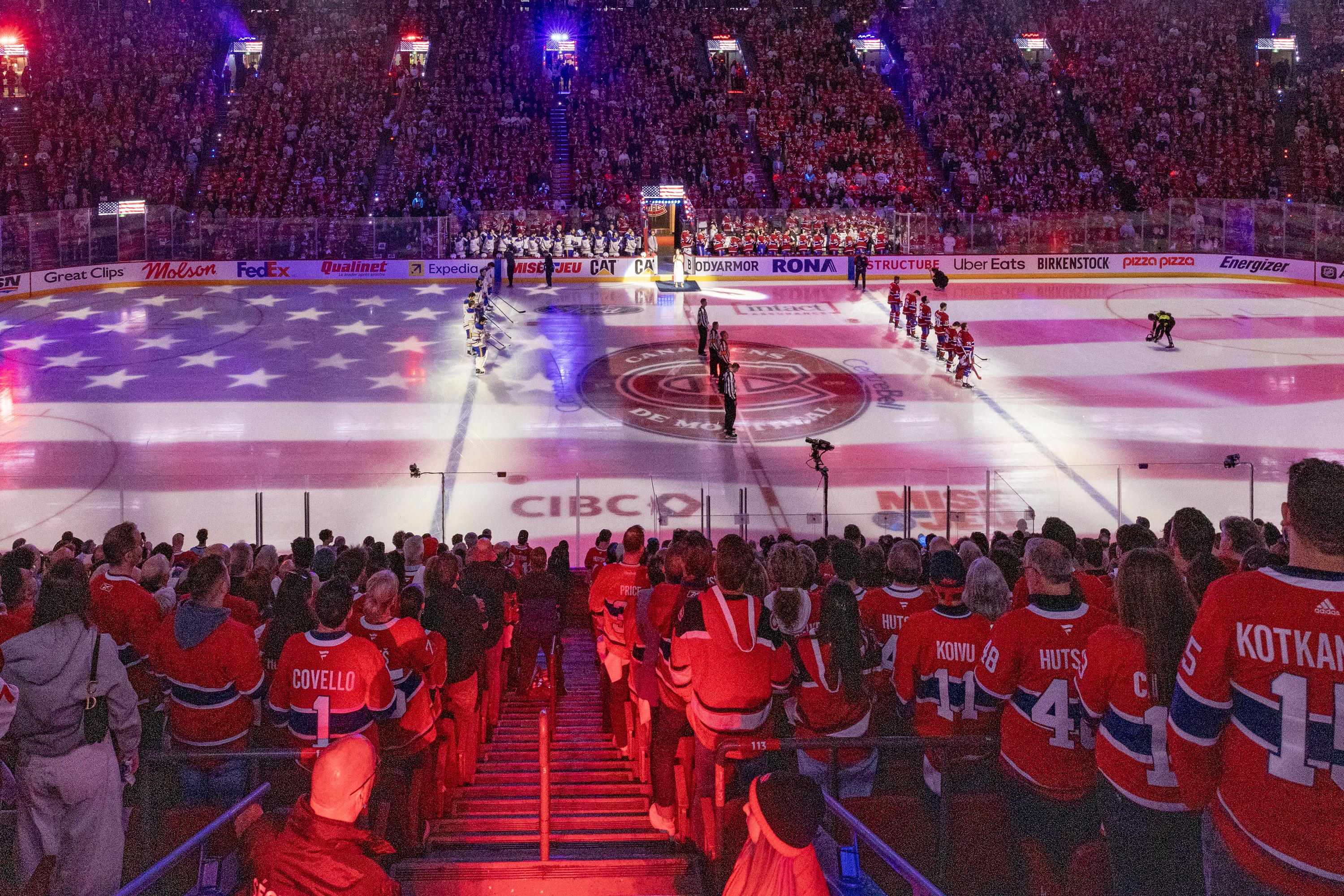 The American national anthem is sung prior to Game 3 of the Canadiens-Sabres second-round series in Montreal on May 10, 2026.