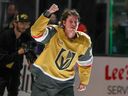 Mitch Marner of the Vegas Golden Knights skates on the ice after being named the third star of Game 3 against the Colorado Avalanche.